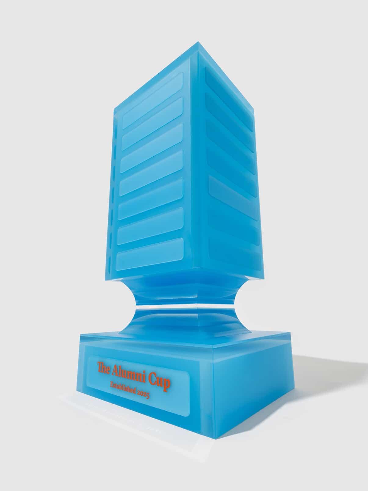 The Alumni Cup trophy seen from a low angle
